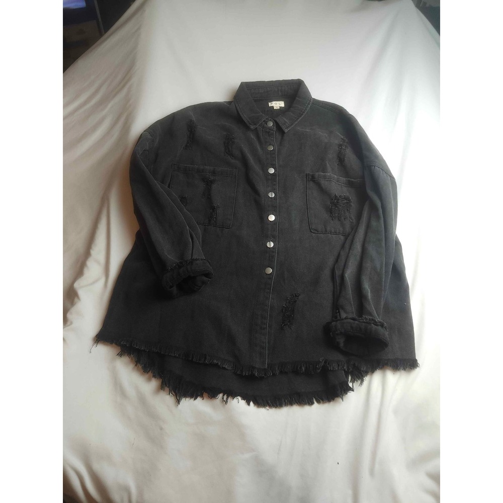 POL Distressed Denim Shirt Jacket Black Oversized Frayed Hem Large Womens